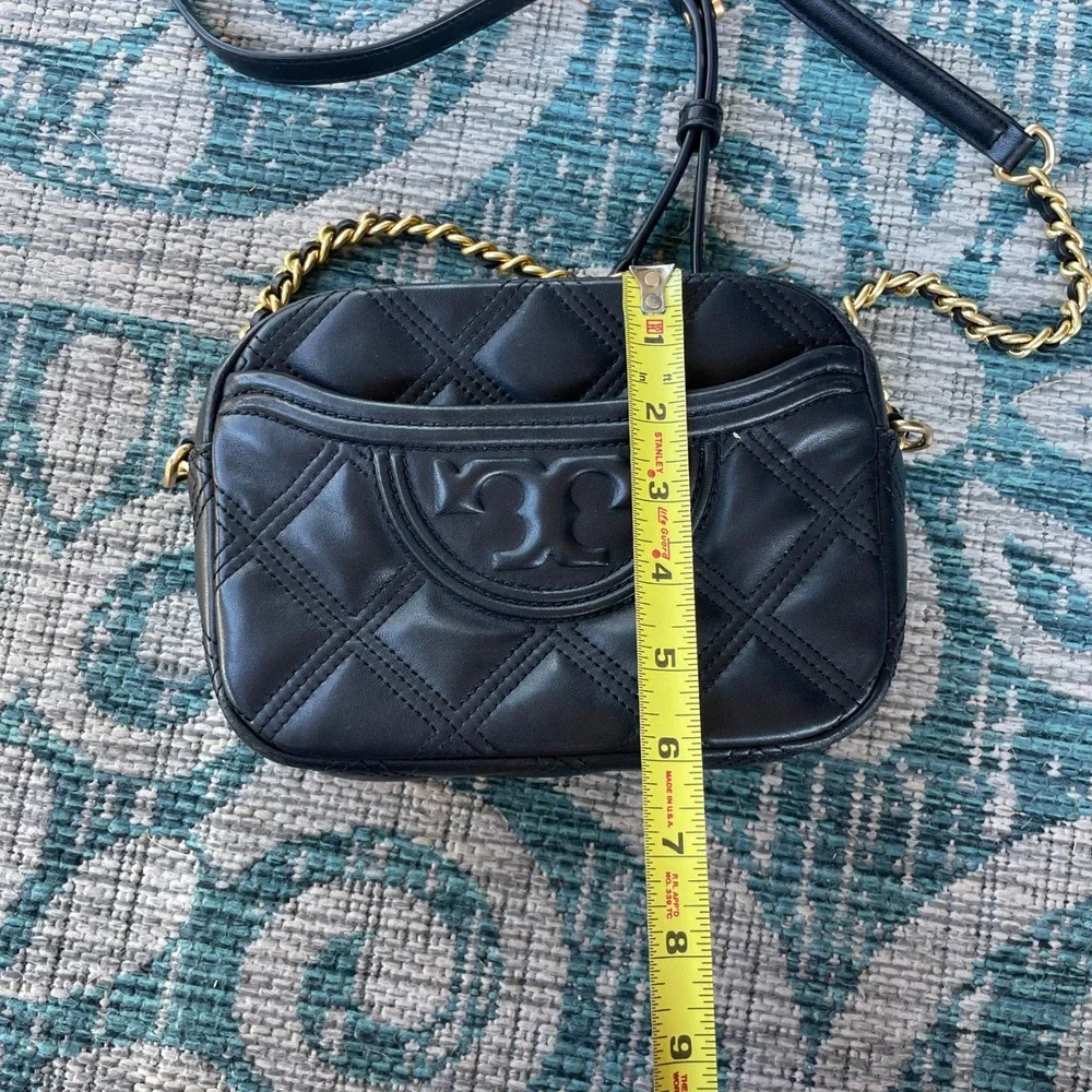 Tory Burch Kira Diamond Quilt Camera Crossbody Bag‎ Black Leather Gold Chain